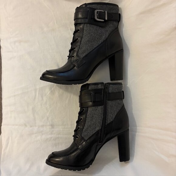NWOB Antonio Melani Black/Gray Leather & Fabric High Heel Lug Sole Ankle Bootie - Picture 11 of 12